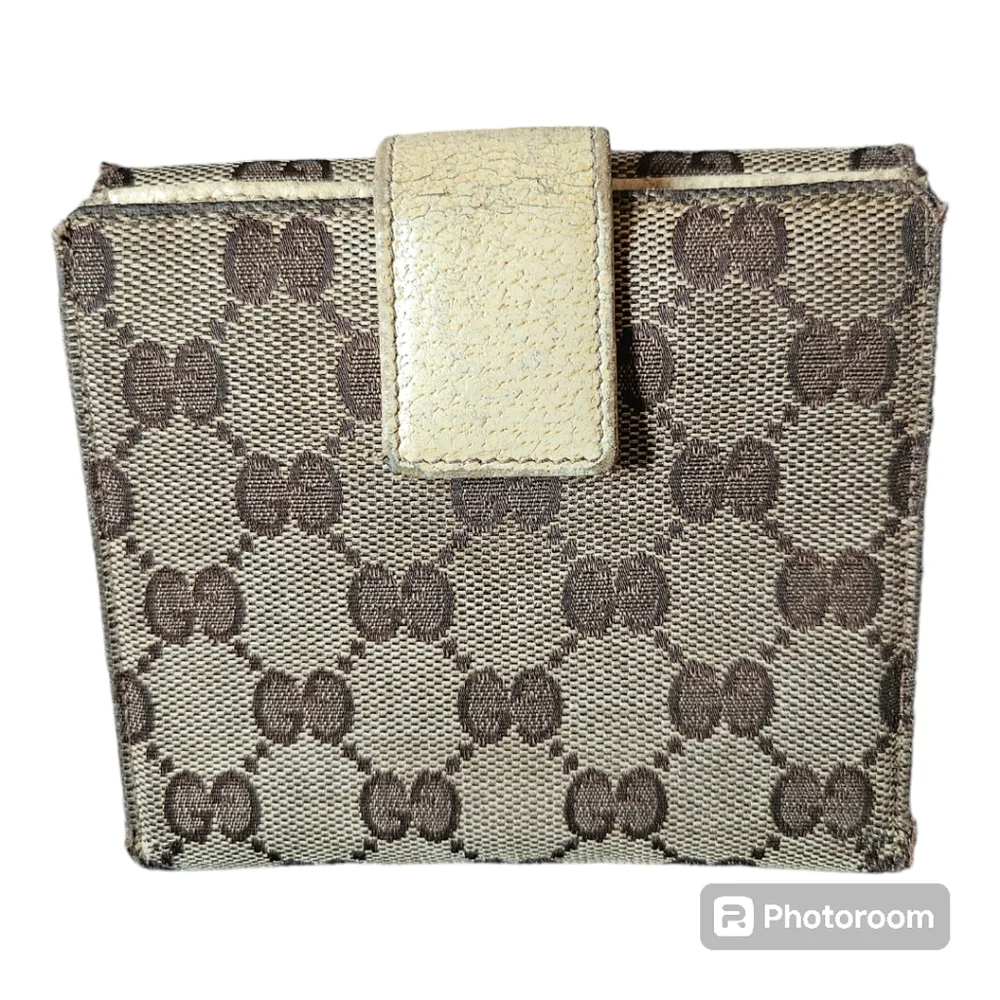 Gucci Monogram Eclipse Wallet Compact Canvas Leather Brown Cream